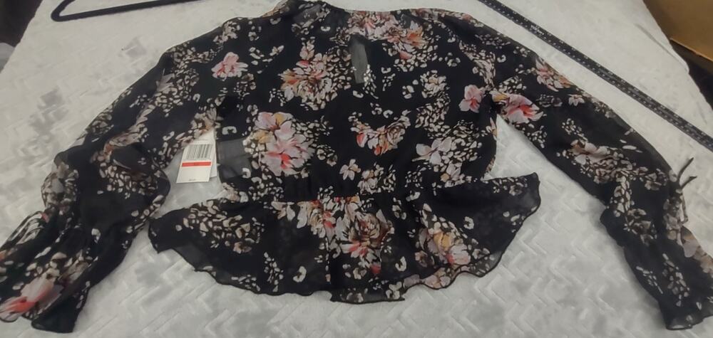 Jessica Simpson Womens Size XS Tie Front Black Floral Sheer Top NWT Retail 59.50